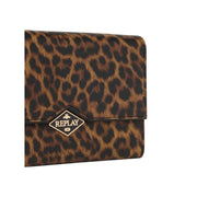 Leopard-print brown replay women wallet with gold-tone diamond-shaped logo plaque and shoulder strap w18cm