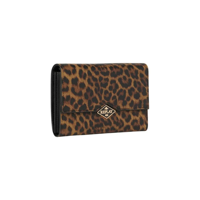 Replay women wallet leopard print in brown with black trim gold-tone logo and shoulder strap w18cm sleek design