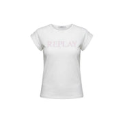 Replay women white round neck short sleeve cotton t shirt with a subtle pink replay logo across the chest