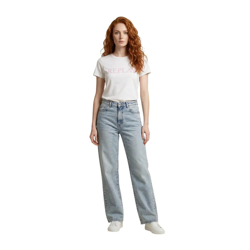 Replay women white round neck short sleeve cotton t shirt paired with light-wash high-rise straight-leg distressed jeans