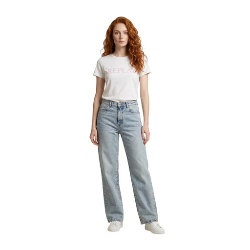Replay women white round neck short sleeve cotton t shirt paired with light-wash high-rise straight-leg distressed jeans
