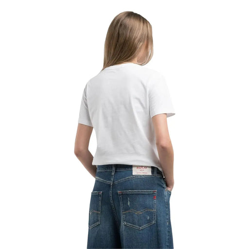 Back view of replay women white cotton t shirt with round neck short sleeves and brand label on the waistband