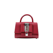 A sleek glossy red synthetic leather replay womens mini handbag with a distinctive silver lock and key mechanism