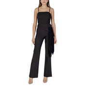 Black satin jumpsuit with draped pleated side detail from Rinascimento sleeveless dress collection with square neckline