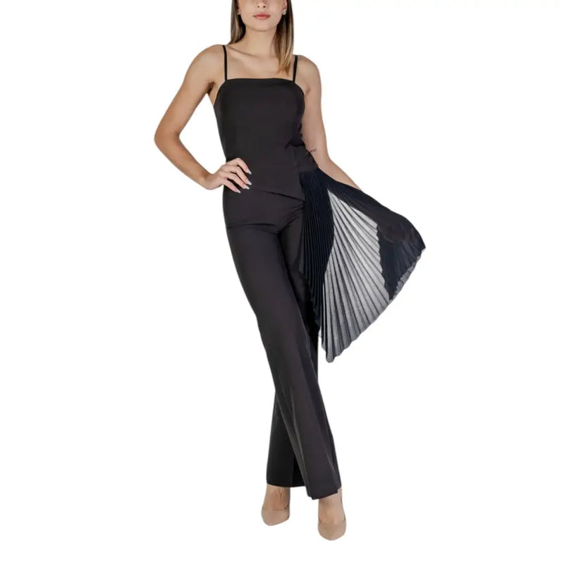 Rinascimento black sleeveless dress with square neckline featuring sheer pleated overlay and flared pants detail