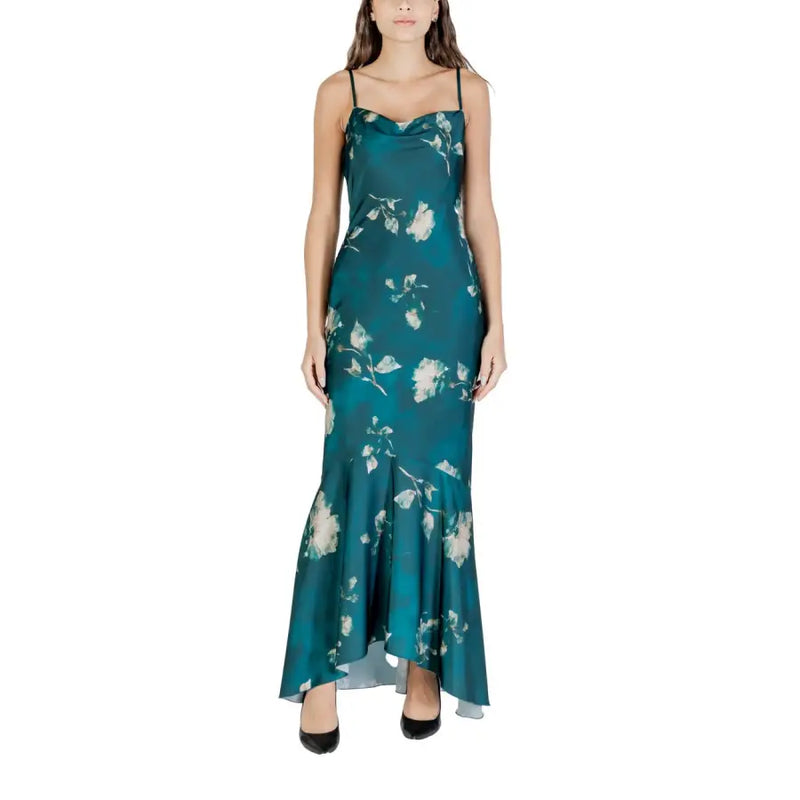 Rinascimento green floral strap dress in teal satin with thin spaghetti straps and zip round neck detail