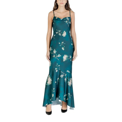 Rinascimento green floral strap dress in teal satin with thin spaghetti straps and zip round neck detail