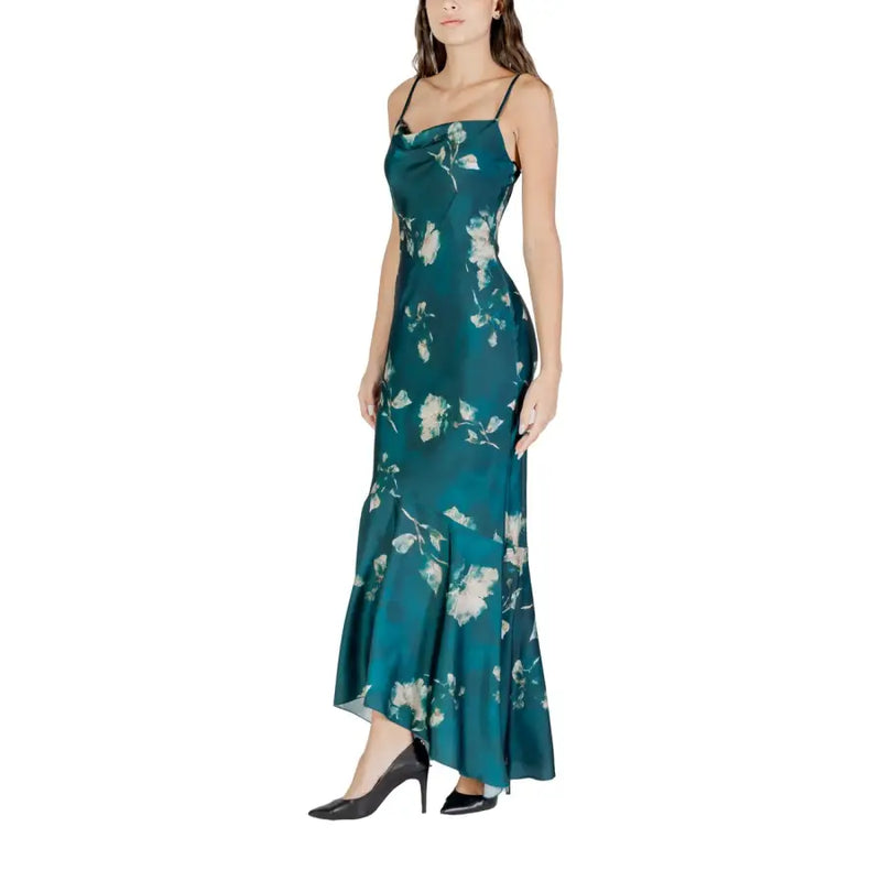 Rinascimento green floral strap dress with zip and round neck in flowing teal satin with delicate white floral pattern and thin straps