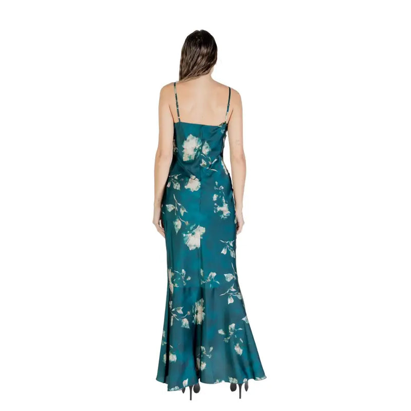 Rinascimento green floral strap dress in teal satin with cream white floral pattern thin straps and mermaid silhouette
