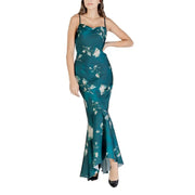 Rinascimento green floral satin slip dress with thin spaghetti straps and round neck detailing with zip closure