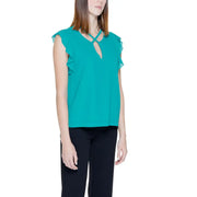 Rinascimento green sleeveless blouse for women in teal chiffon with ruffled cap sleeves and a crisscross neckline