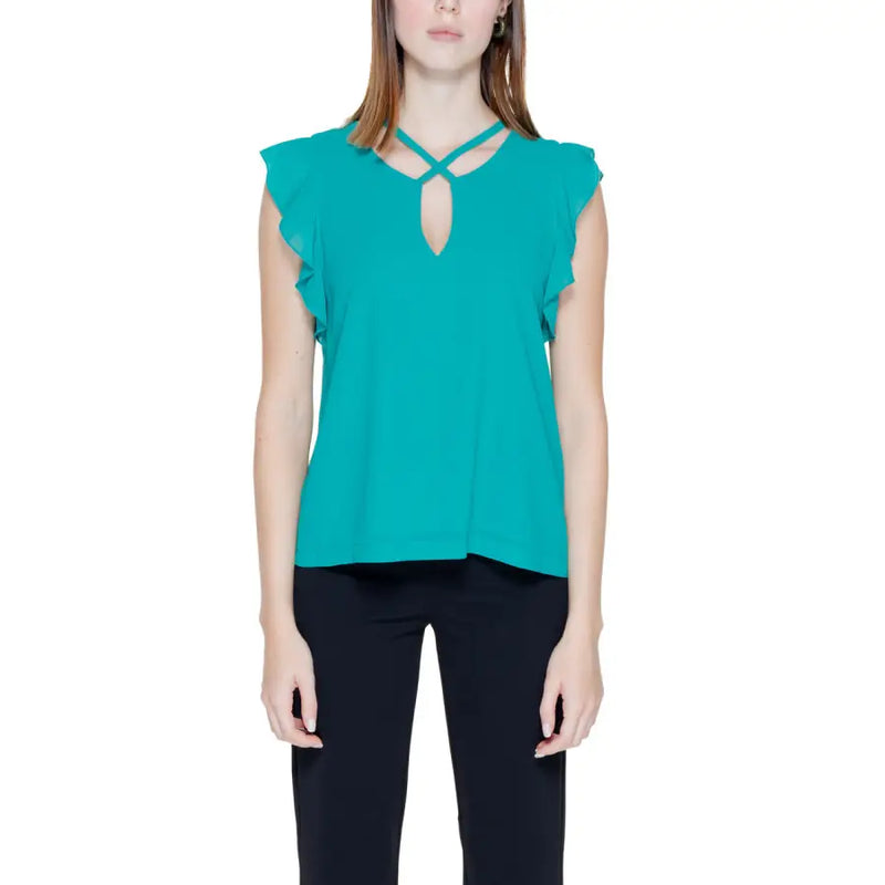 Rinascimento green sleeveless blouse for women featuring a teal fabric with ruffled shoulders and a crisscross neckline