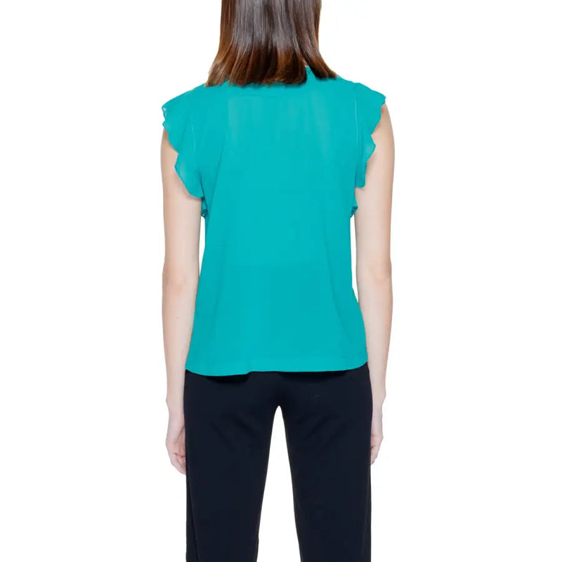 Rinascimento green sleeveless blouse for women featuring a teal color and delicate ruffled shoulders in lightweight fabric
