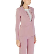 Rinascimento pink rhinestone button long blazer with soft sheen and pearl embellishments on inner collar and lapels