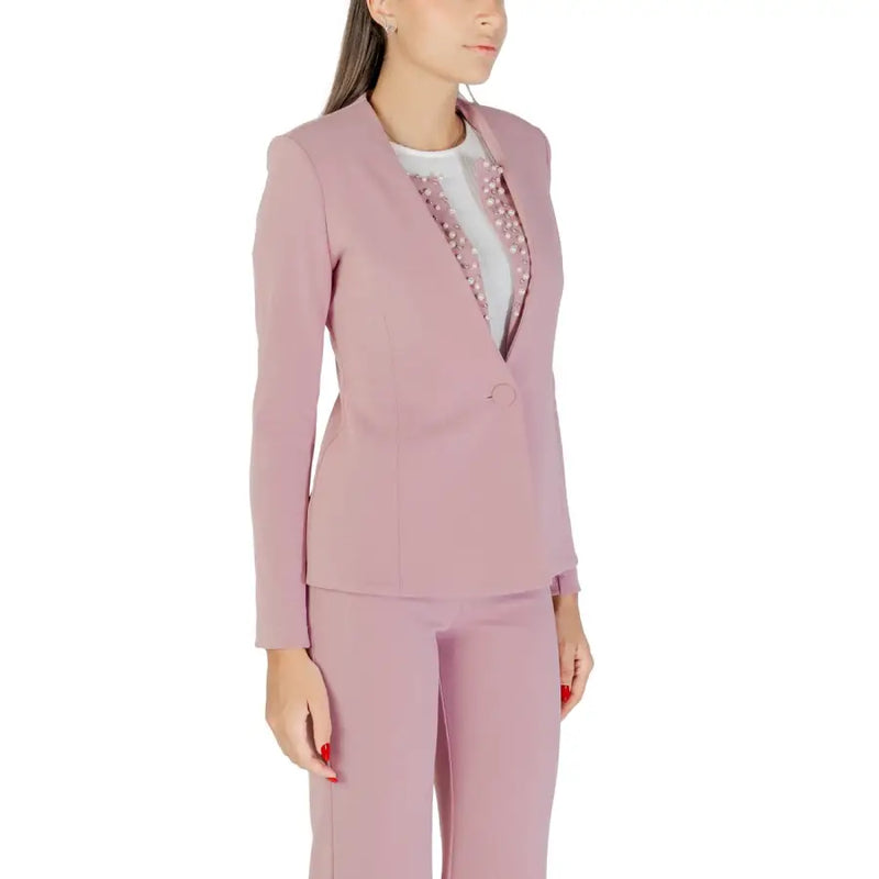 Rinascimento pink rhinestone button long blazer with soft sheen and pearl embellishments on inner collar and lapels