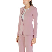 Rinascimento pink rhinestone button long blazer in soft pink with subtle sheen and delicate beaded embellishments