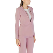 Rinascimento pink rhinestone button long blazer with soft sheen and pearl embellishments on inner collar and lapels