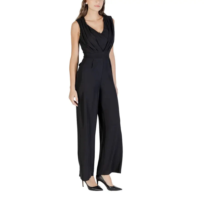 Rinascimento sleeveless black v neck jumpsuit featuring a draped neckline and wide-leg pants in lightweight fabric