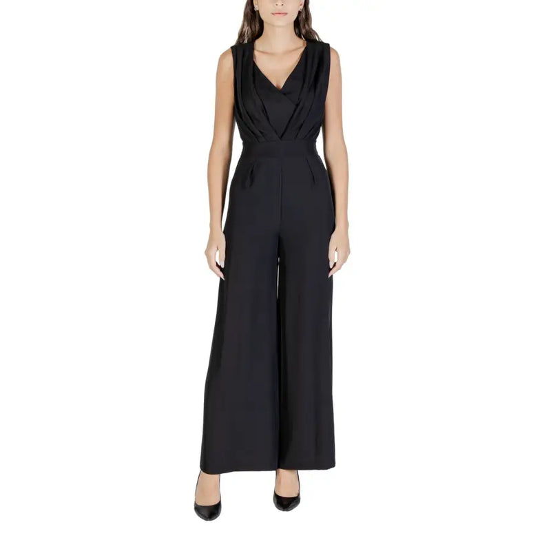 Black sleeveless wide-leg jumpsuit with draped V-neck from Rinascimento collection