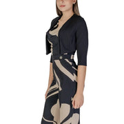 Rinascimento women black and beige abstract dress with matching cropped jacket v-neckline and decorative belt buckle
