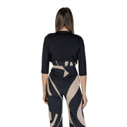 Rinascimento women black and beige abstract geometric-patterned jumpsuit with cropped three-quarter sleeve top