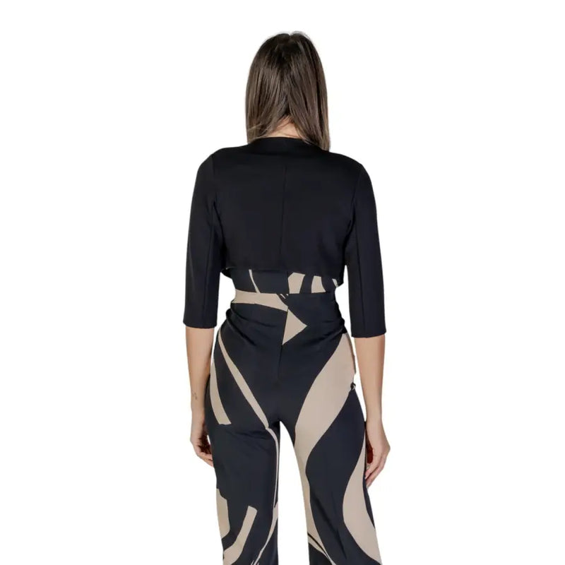 Rinascimento women black and beige abstract geometric-patterned jumpsuit with cropped three-quarter sleeve top