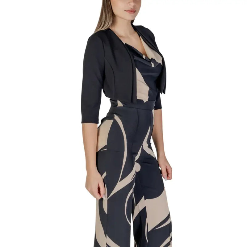 A stylish black and beige abstract patterned jumpsuit with matching cropped jacket by Rinascimento women spring summer