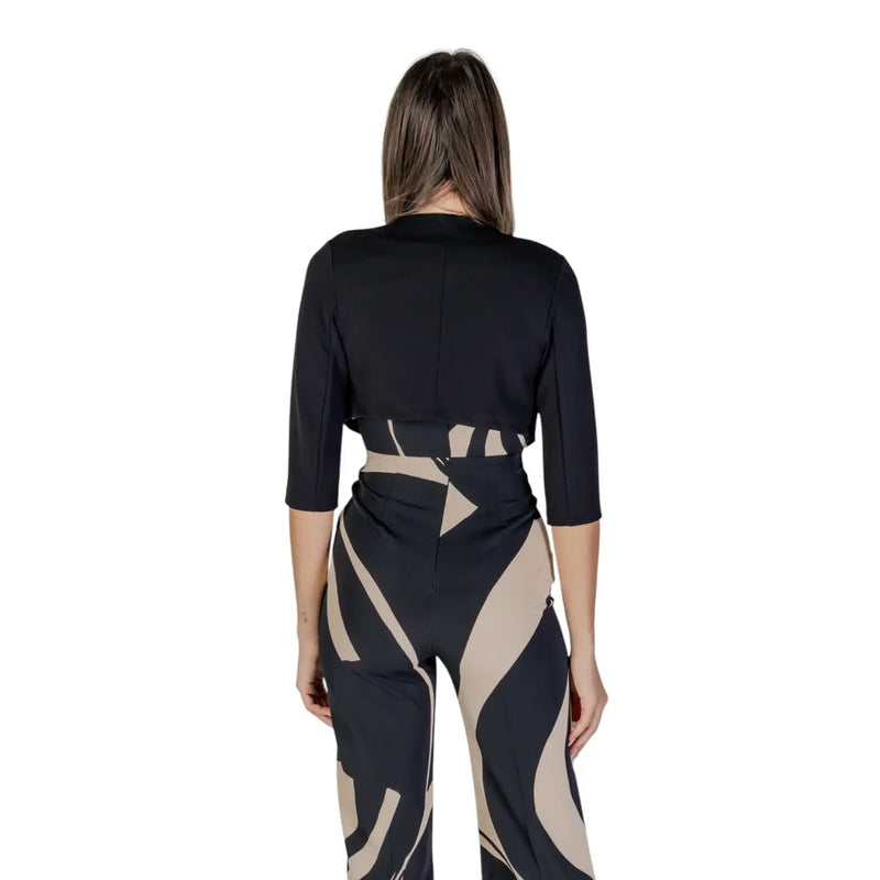 Rinascimento women black and beige abstract geometric-patterned jumpsuit with cropped three-quarter sleeve top