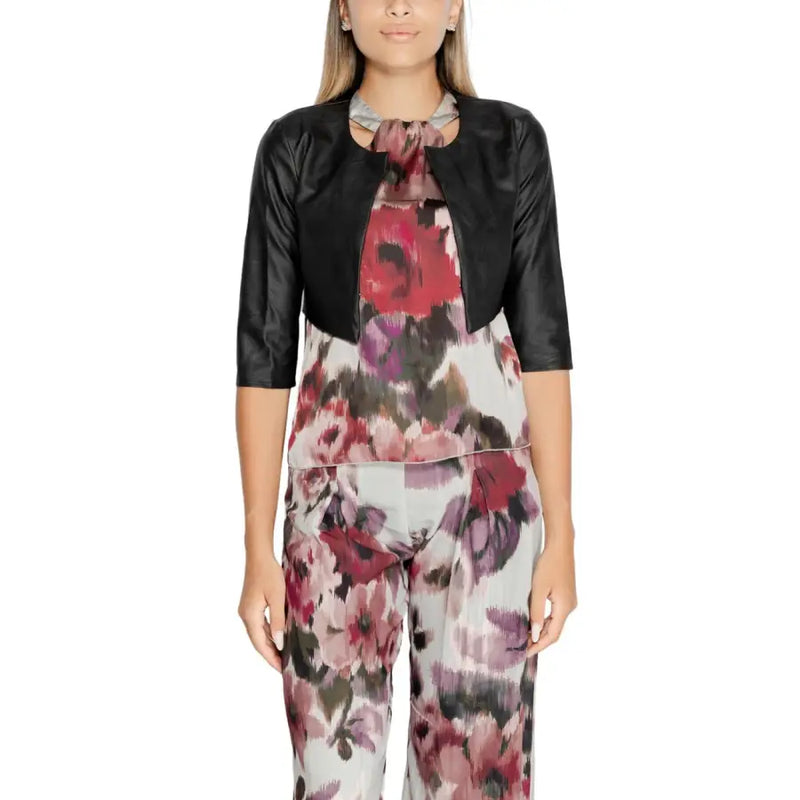 Rinascimento women black polyurethane blazer with three quarter sleeves and black leather-trimmed floral print tie-neck top