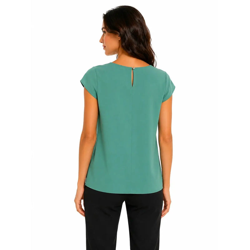 Teal rinascimento women polyester blouse with short sleeves and subtle back zipper detail shown from the back side