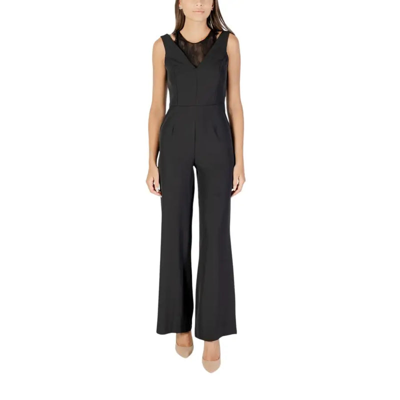 Rinascimento women sleeveless black jumpsuit with sheer mesh neckline and flared legs for fall winter wear