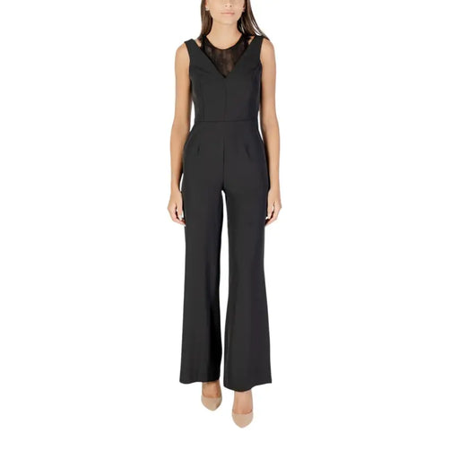 Women’s black sleeveless jumpsuit with mesh neckline and wide legs from Rinascimento collection