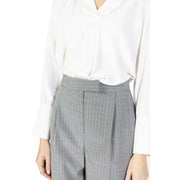 Rinascimento women’s pink pinstripe trousers featuring high-waisted gray pinstripe pleated front and structured belt loop