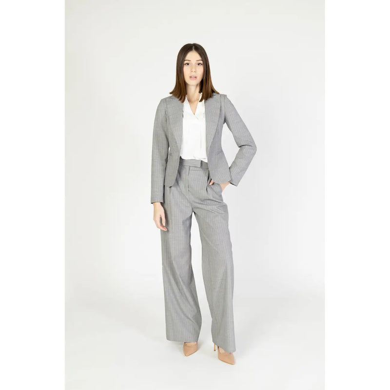 Gray pinstripe suit featuring a tailored blazer and wide-leg trousers from rinascimento womens pink pinstripe collection