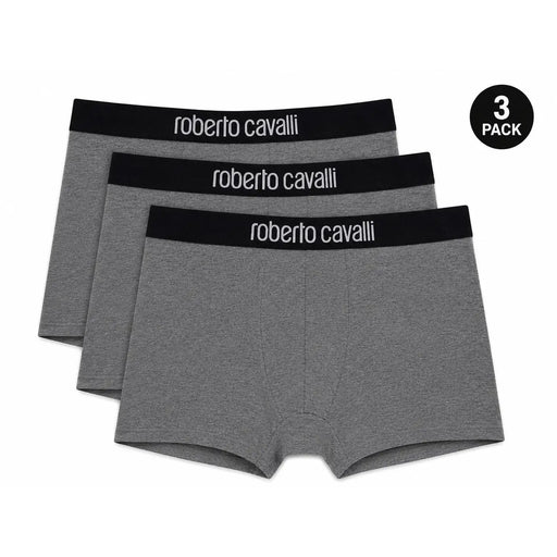 Boxer Roberto Cavalli pour homme, en coton gris chiné, avec ceinture noire et logo de la marque en blanc.