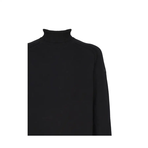 Black high-neck sweater with ribbed edge, likely made of wool or cotton blend.