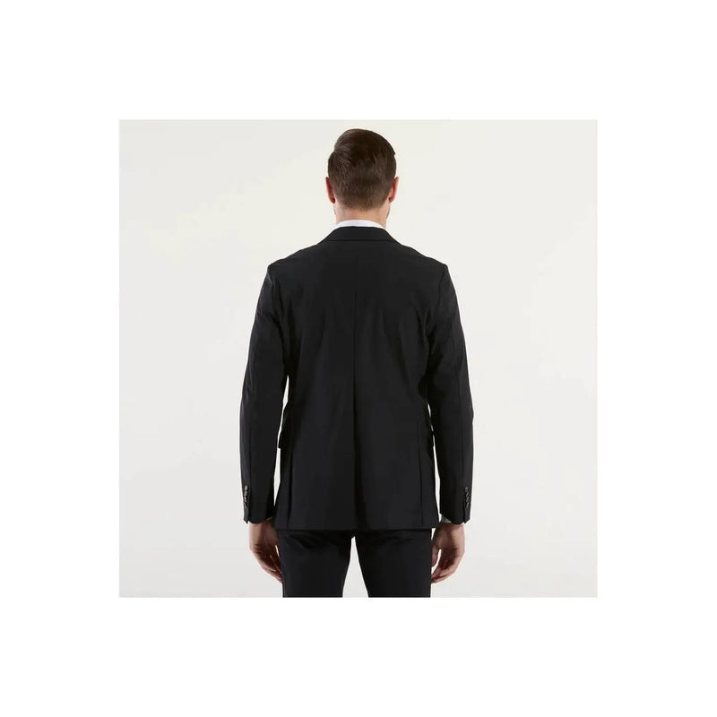 Black tailored blazer with sleek modern cut and subtle texture for men by RRD spring summer polyamide jacket