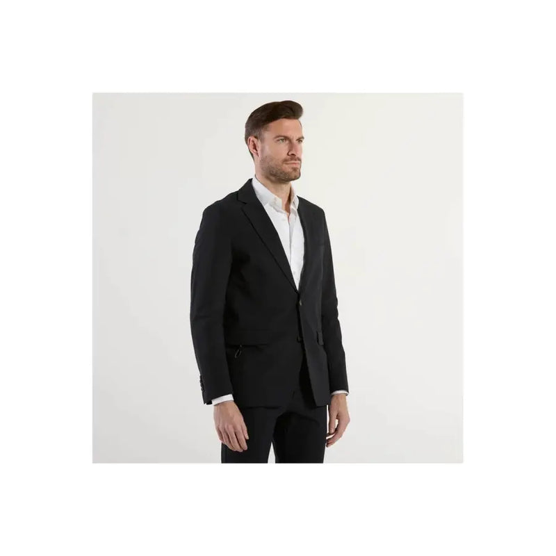 Black tailored blazer by Rrd for men featuring notched lapels and single button closure for formal wear