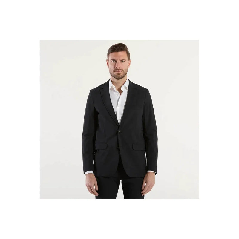 Schwarzer, taillierter Blazer mit Ein-Knopf-Verschluss und zwei aufgesetzten Taschen aus Polyamid-Elastan in schmaler Passform von RRD Men