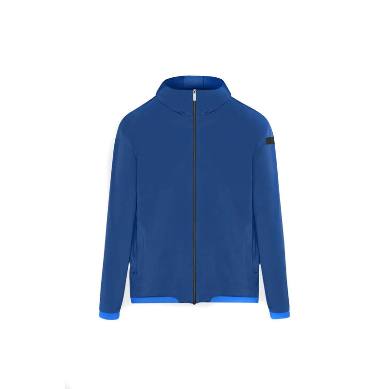 Blauer Kapuzenblazer von Rrd für Herren, Polyester, Frühlingsjacke mit hellblauen Zierstreifen und schwarzem Aufnäher am linken Oberarm