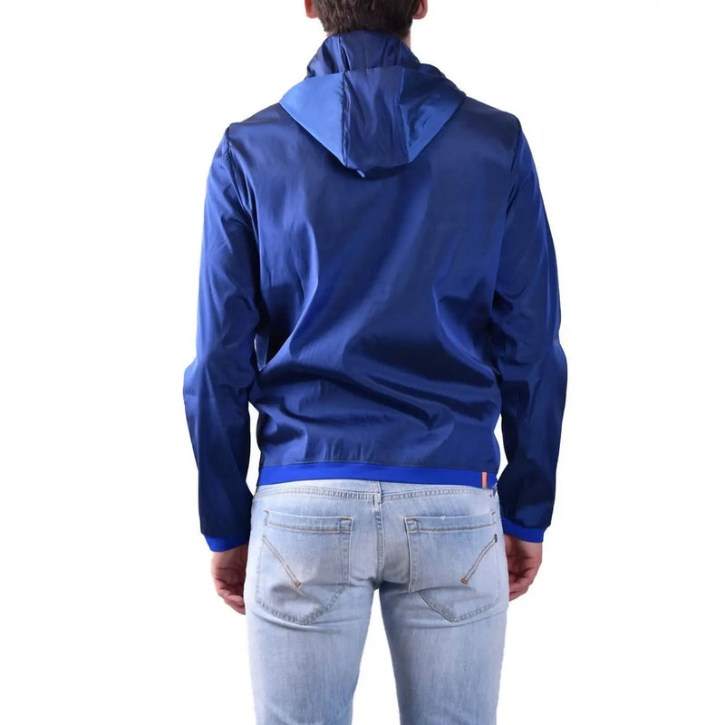 Rrd Herren-Blazer mit Kapuze, blau, aus Polyester, Frühlingsjacke mit glänzendem, leichtem Stoff und farblich passendem blauen Besatz an Ärmelbündchen und Saum