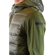 Olive green quilted RRD men zip turtleneck puffer jacket with hood and black brand patch on sleeve for spring summer