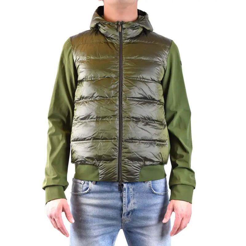 Rrd men green zip turtleneck jacket featuring an olive green hooded puffer with quilted body and solid fabric sleeves