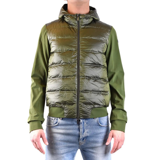 Rrd men green zip turtleneck jacket featuring an olive green hooded puffer with quilted body and solid fabric sleeves