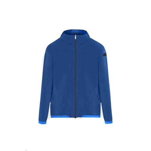 Rrd men hooded blazer blue polyester zip jacket with lighter blue trim and black patch on upper left sleeve