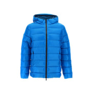 Rrd men blue long hooded puffer jacket made of polyamide with black zipper and dark inner lining for fall winter