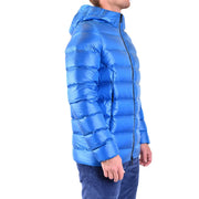 Rrd men blue quilted polyamide puffer jacket with hood and black zipper for fall and winter wear