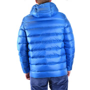 Rrd men jacket blue long bright blue polyamide puffer jacket with quilted design and hood for fall winter use