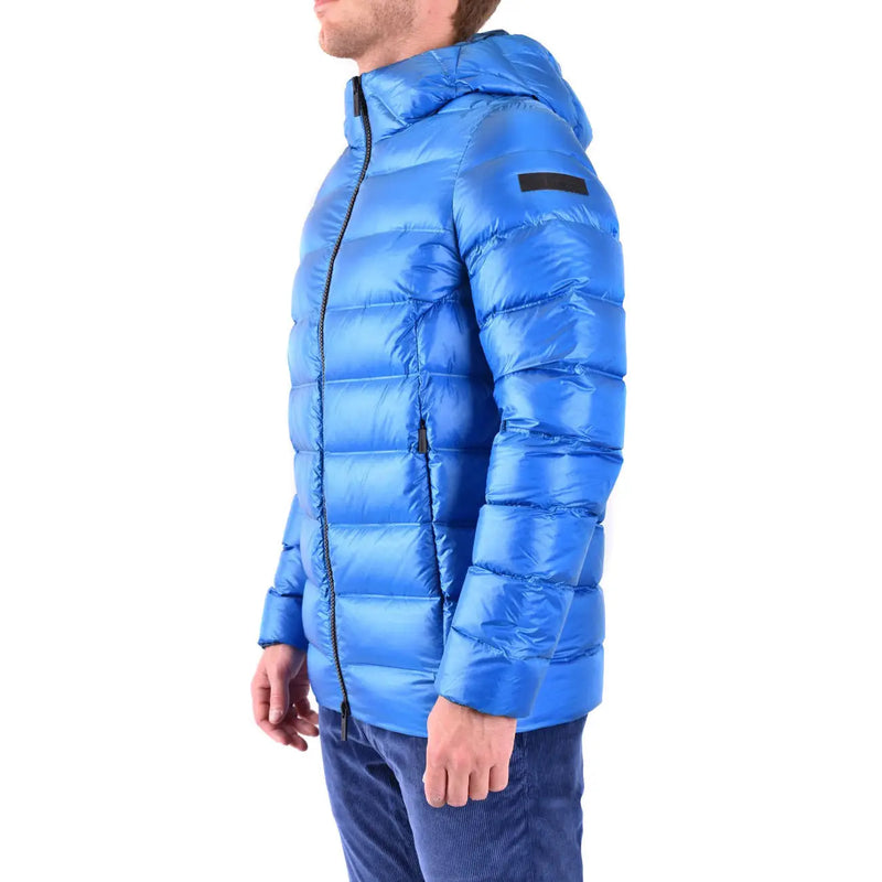 Rrd men jacket blue long hooded polyamide quilted puffer jacket with black zipper accents for fall winter