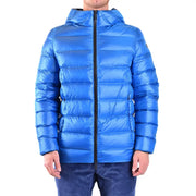 Vibrant blue rrd men jacket long hooded polyamide puffer with black zipper for fall winter use